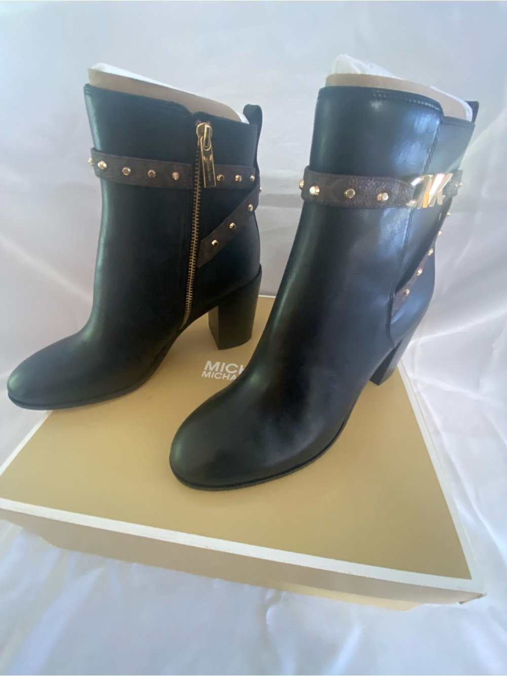 MICHAEL Michael Kors Black Leather Studded Ankle Booties with Gold Hardware - Picture 13 of 13